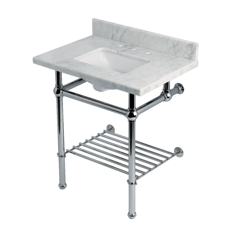 Lavabo console en marbre Carrara de 30 pouces avec pieds et tablette en laiton Kingston Templeton (8 pouces, 3 trous)