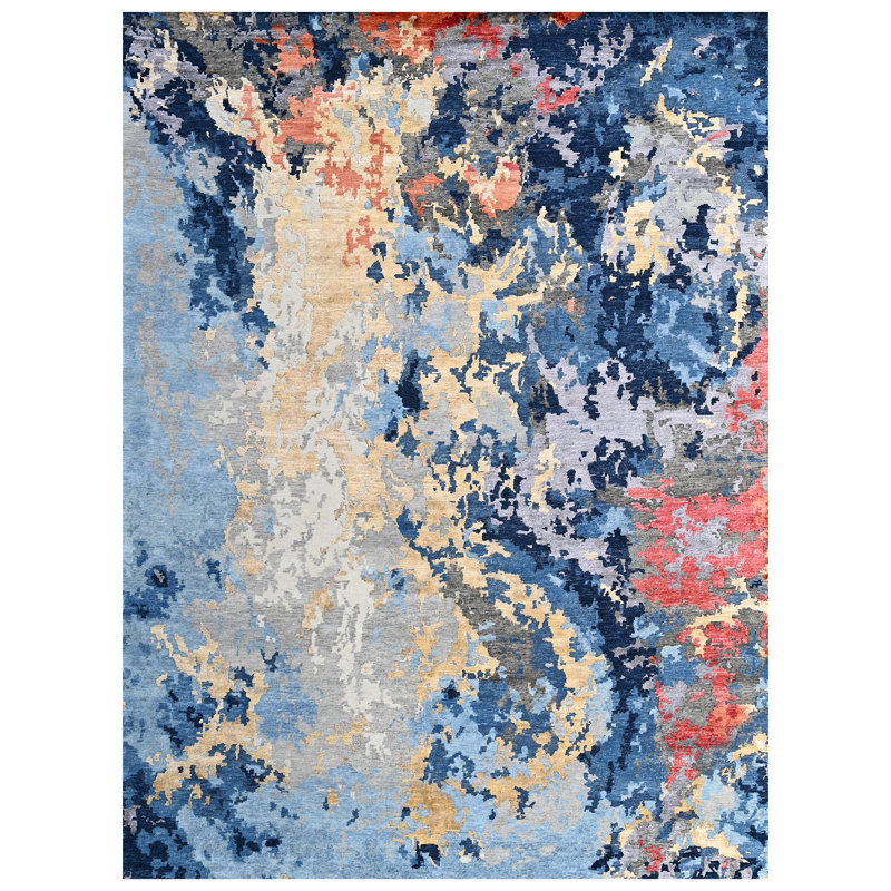 Tapis bleu et doré de haute qualité noué à la main, Rectangle 8 pi x 10 pi