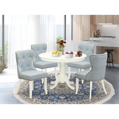 5 Piece Dinette Set Includes a Round Dining Room Table with Pedestal and 4 Baby Blue Linen Fabric Upholstered Parson Chairs, Linen White