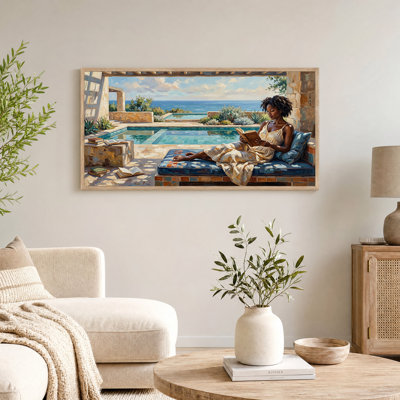 Woman Reading Book by Pool with Ocean View Canvas Wall Art