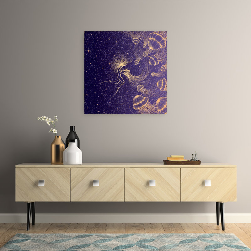 Cosmic Jellyfish Dream Peaceful Surreal Abstract Jellyfish Fish Landscape Nature Wall Art Print 1 Piece Wrapped Canvas Wall Art