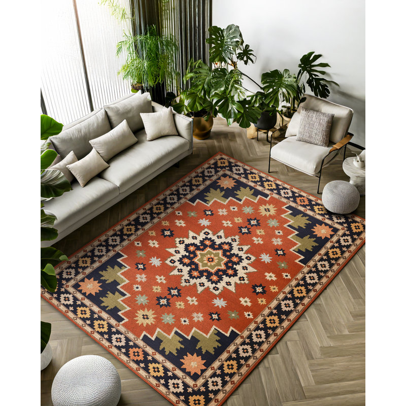 Quarza Collection Digital Print Cotton-Polyester Brown Moroccan Rug, Runner 6'7" x 14'10"
