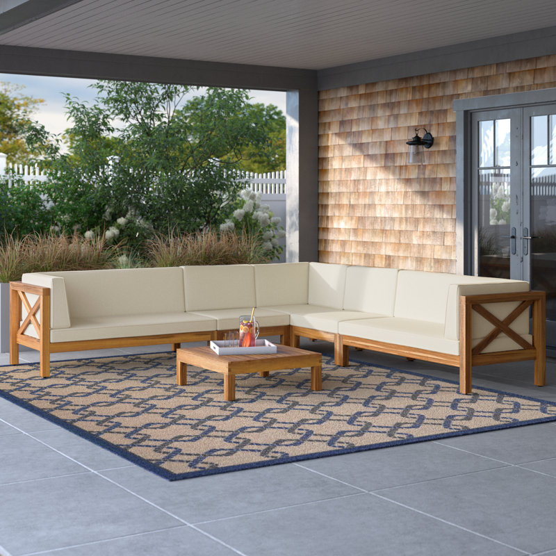 Jacklyn 6-Piece Solid Wood Modular Sectional with Cushions, Teak Frame / Beige Cushion