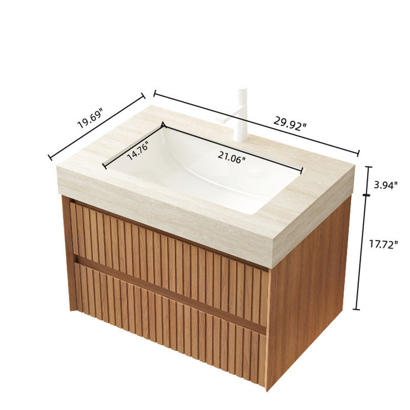 Meuble-lavabo de 30 po avec lavabo, rangement flottant rayé en contreplaqué, 2 tiroirs, comptoir en pierre frittée, lavabo en céramique, mécanisme de tiroir à fermeture en douceur, E0, étapes d'installation facile avec