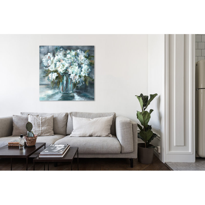 White Hydrangeas In Mason Jar II - Wrapped Canvas Painting, 30.5 cm H x 30.5 cm W