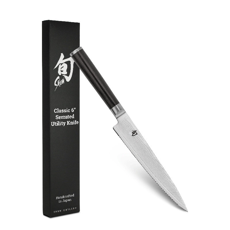 Shun Classic 6" Serrated Utility Knife, Handcrafted Japanese Knife, VG-MAX Core with Damascus Stainless Steel Cladding, Pakkawood Handle, Precision and Sharpness for Professional and Home Chefs