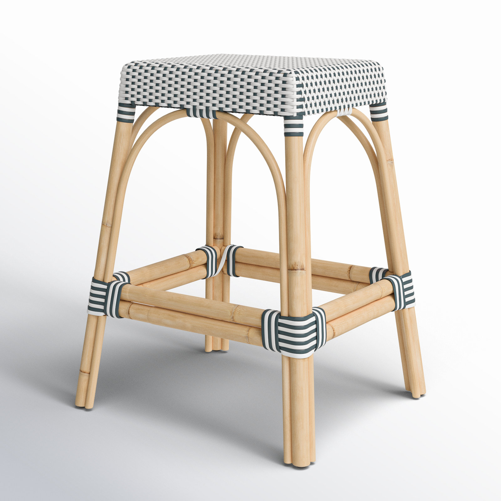 Lennart Bar and Counter Stool, White/Navy Dot/ Natural Rattan Frame, Counter Stool (24.5" Seat Height)