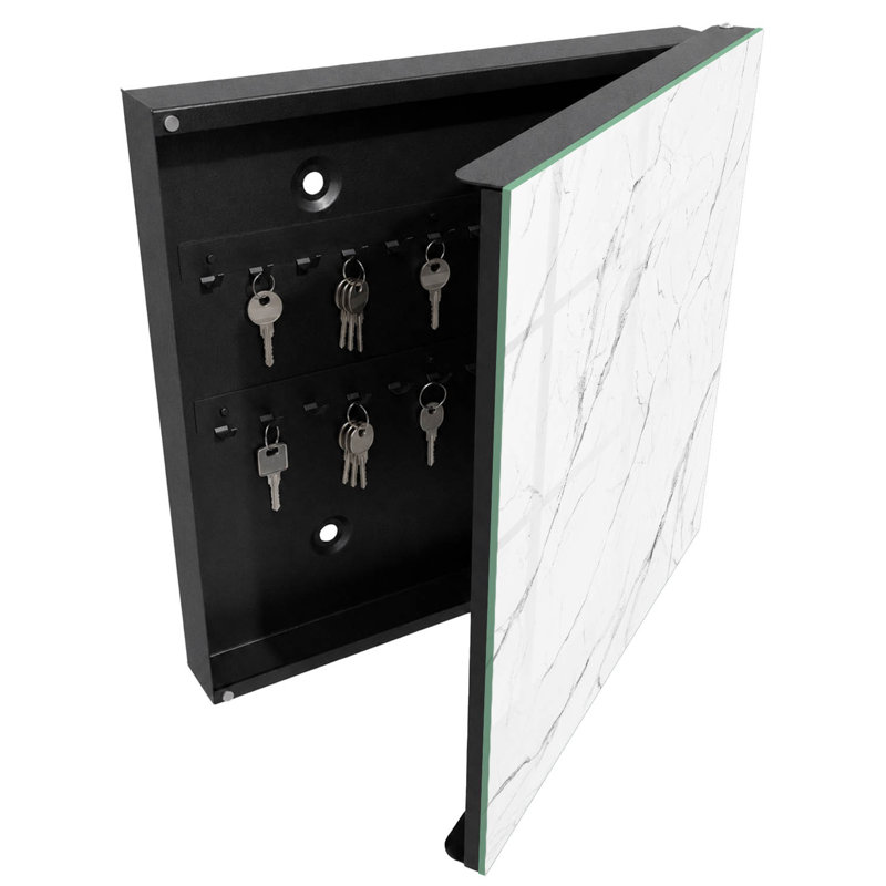 Wall mounted key box, Opens to the left, 30x30x5, White, White background with gray stone veins, 