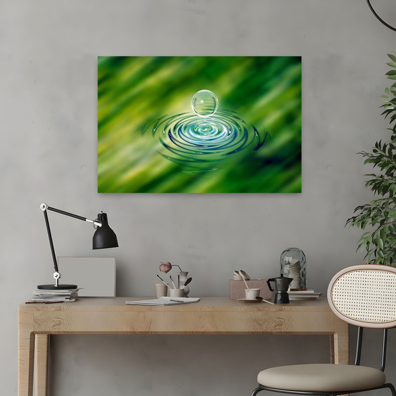 Clear Bubble Rising From Ripples In Mottled Green Water Abstract Contemporary Art, 16" H x 24" W