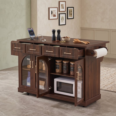 Chariot pour îlot de cuisine roulant avec abattant, portes en verre arquées, station de charge intégrée, tablettes réglables et roues verrouillables