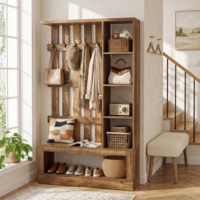 71'' Tall Wooden Hall Tree with Hooks and Shoe Rack, Freestanding Entryway Organizer Shoe Bench