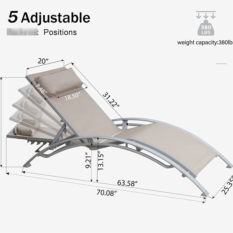 Chaise longue d'extérieur 2 - Dossier et coussin réglables. Rouille forte - aluminium. Tissu, séchage rapide. 5 réglages. Kaki pour la plage, piscine, kaki, structure en aluminium, positions, coussin amovible, tissu