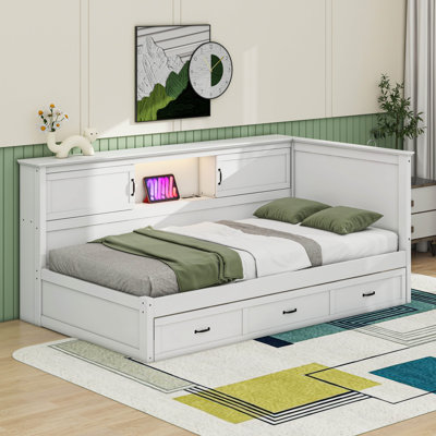 L-Shaped Bed Frame With Drawer And And Bookcase, Led Downlight by Cosmic