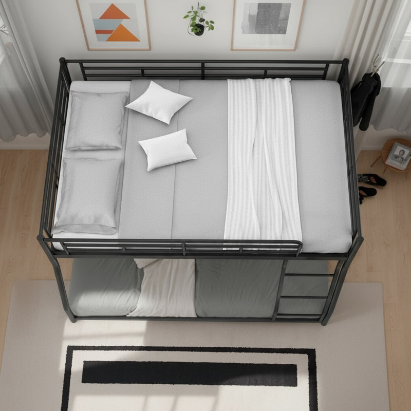 Full Xl Over Queen Bunk Bed, Metal Floor Bunk Beds For Bedroom, No Box Spring Needed, Space-Saving,  Black