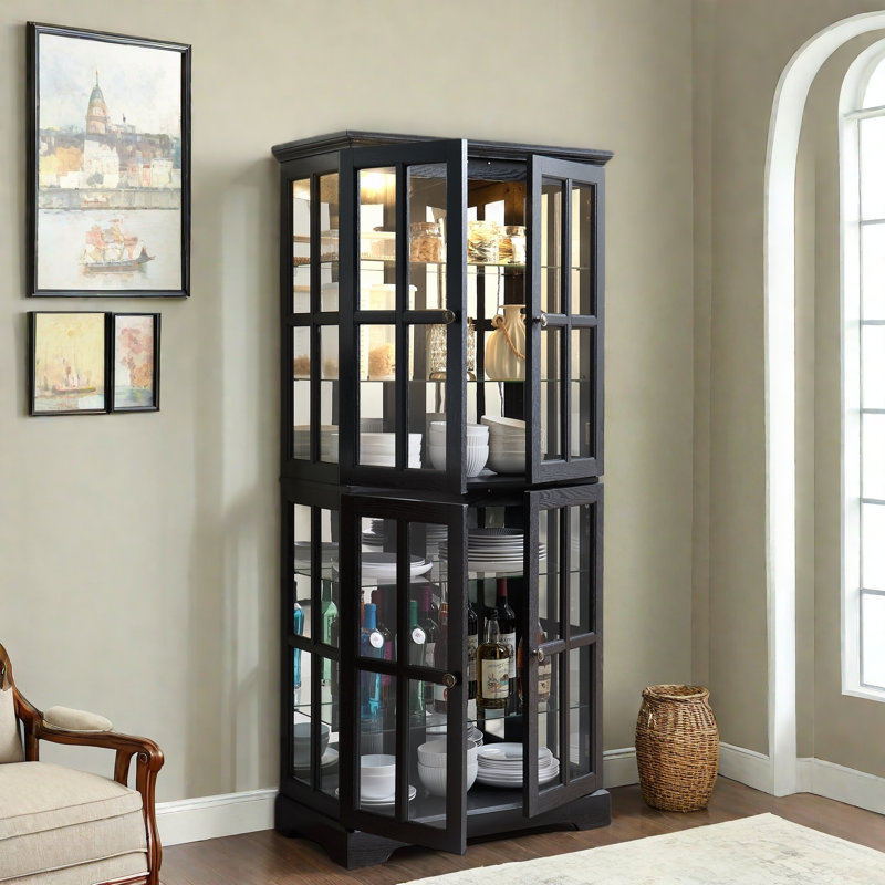 Antique Display Cabinet With 4 Glass Doors, Adjustable Shelves, Metal Embossed Handles And Integrated Lighting, Black