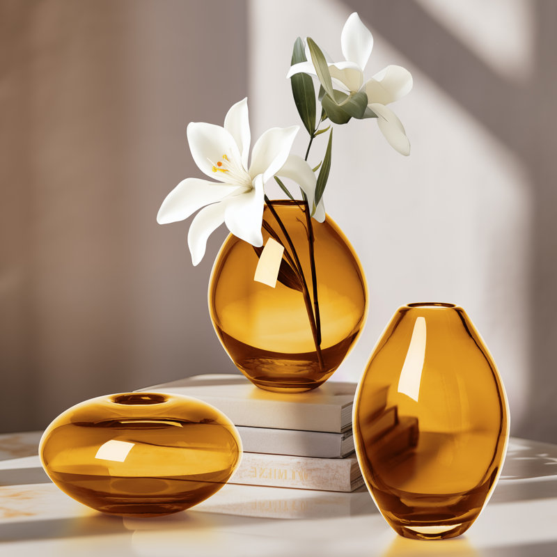 Cecile 3-Piece Hand-Blown Glass Vase Set (Amber), Orange