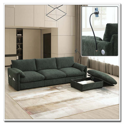 Canapé modulaire en L 96,5 po avec repose-pieds et poches, support de téléphone réglable, chargeur USB