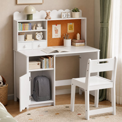 White Desk and Chair Set with Storage Cabinet and Cork Board
