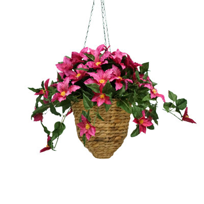 31" Pink Faux Clematis In Natural Hyacinth Hanging Basket