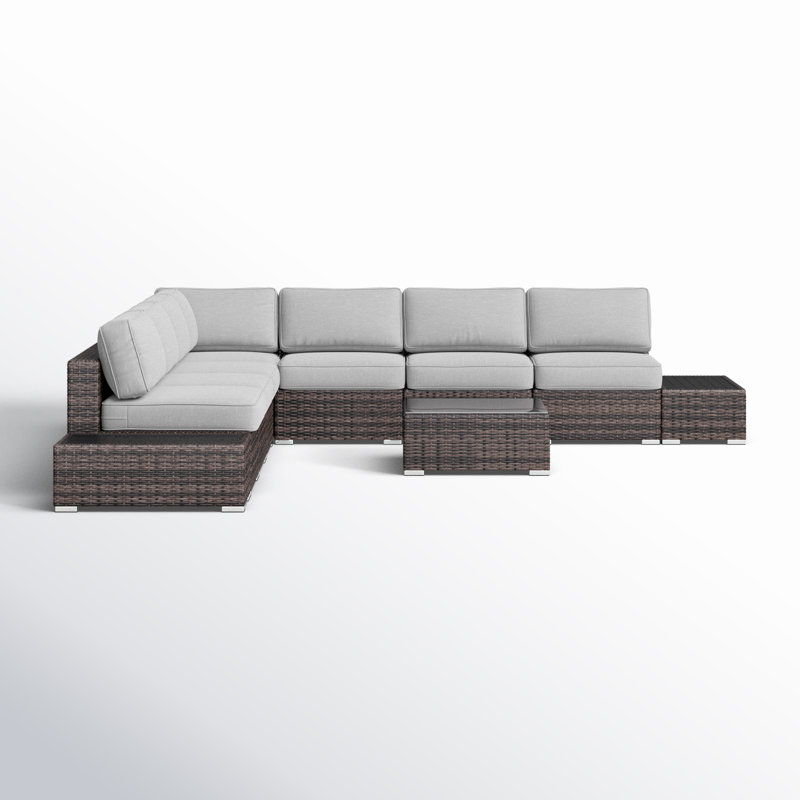 Ensemble de conversation en osier pour 6 personnes avec coussins Demarest, Brun