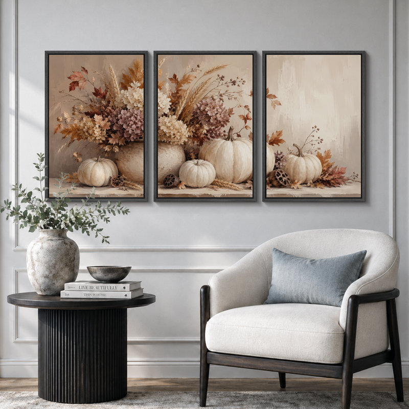 Nature morte florale aux tons neutres de citrouille, tableau pour salle à manger, impression giclée sur toile encadrée en 2 pièces - 40,6 x 61 cm (16 x 24 pouces)