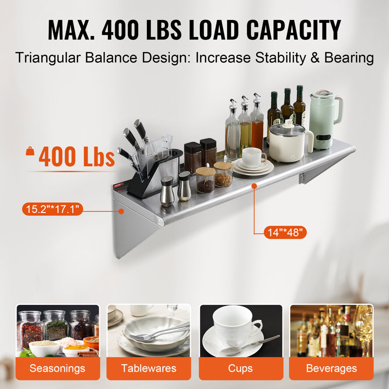 Stainless Steel Wall Mounted Kitchen Shelf with Brackets