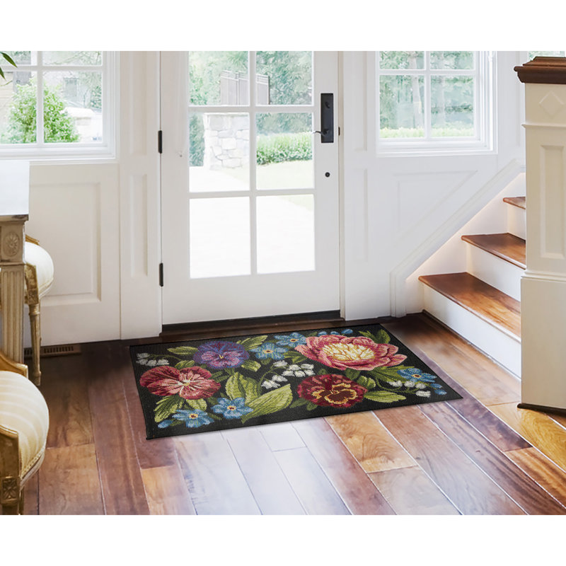 Andreane Floral Synthetic Non-Skid Kitchen Mat, Rectangle 1'7" x 2'5", Black