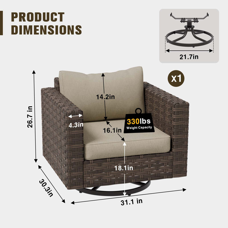 Chaise de patio à bascule pivotante en rotin toutes saisons avec coussins