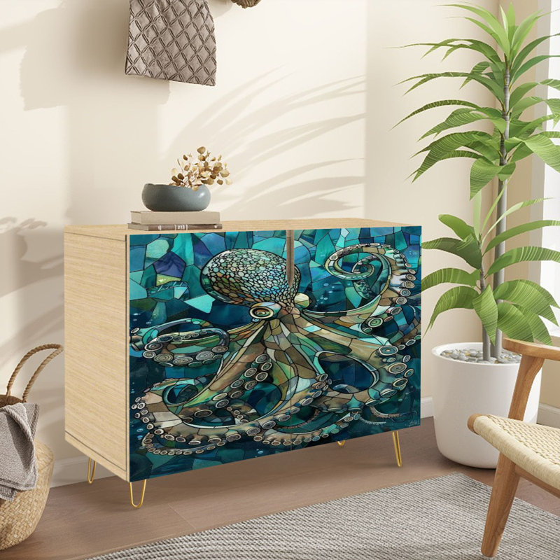 Sideboard Buffet Cabinet with Storage Octopus Reigns Stained Glass with 2 Doors for Living Room and Kitchen