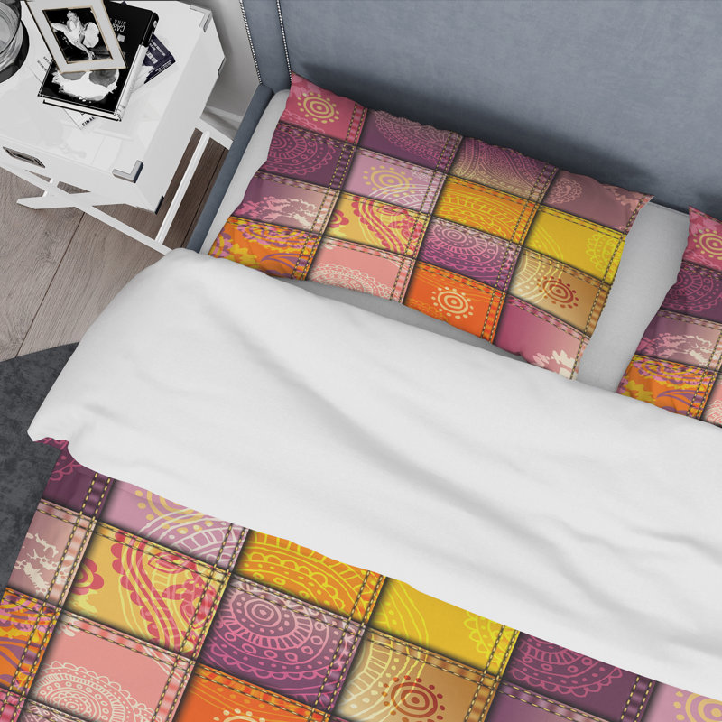 Orange Denim Patchwork Polyester Geometric Shapes Duvet Cover, Twin Duvet Cover + 1 Standard Sham