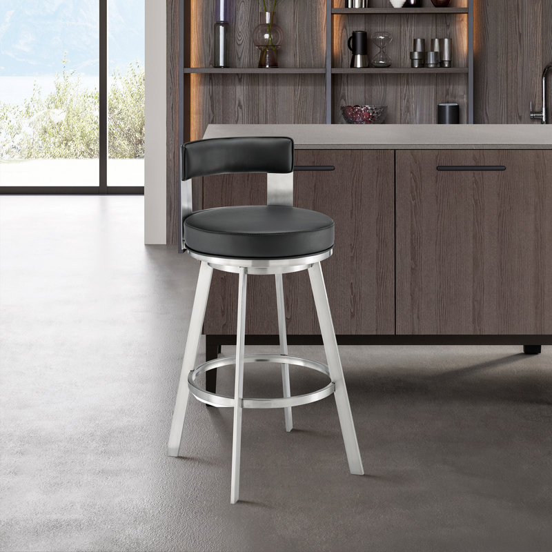 Tabouret de bar à hauteur de comptoir en acier inoxydable et pivotant Kevontae, Acier inoxydable brossé / Noir