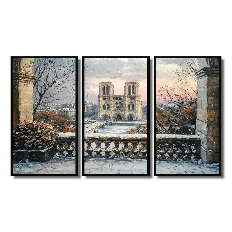 Ensemble de décorations murales Parisian Elegance Notre Dame Cathedral I - City Paris, Toile avec cadre flottant noir
