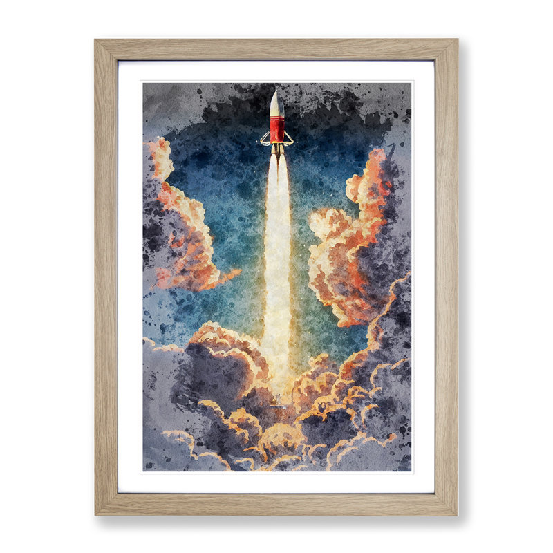 Spaceship Rocket No.3 - Single Picture Frame Painting, 34cm H x 25cm W x 2cm D, Oak