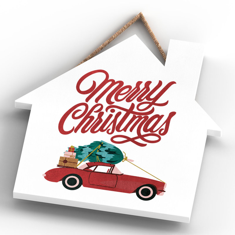 Xmas Merry Christmas Car Wooden House Plaque, 9.9cm H x 9.9cm W x 0.5cm D