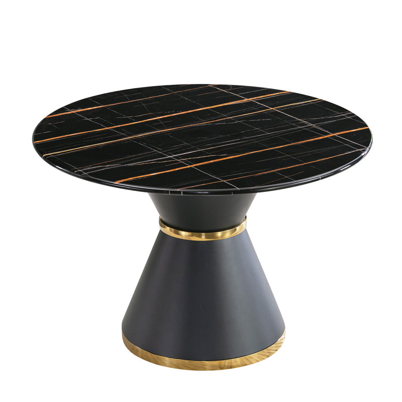 Table de salle à manger effet marbre noir avec base et décoration dorée - Accentuation élégante imprimée de 45,92 po x 29,04 po