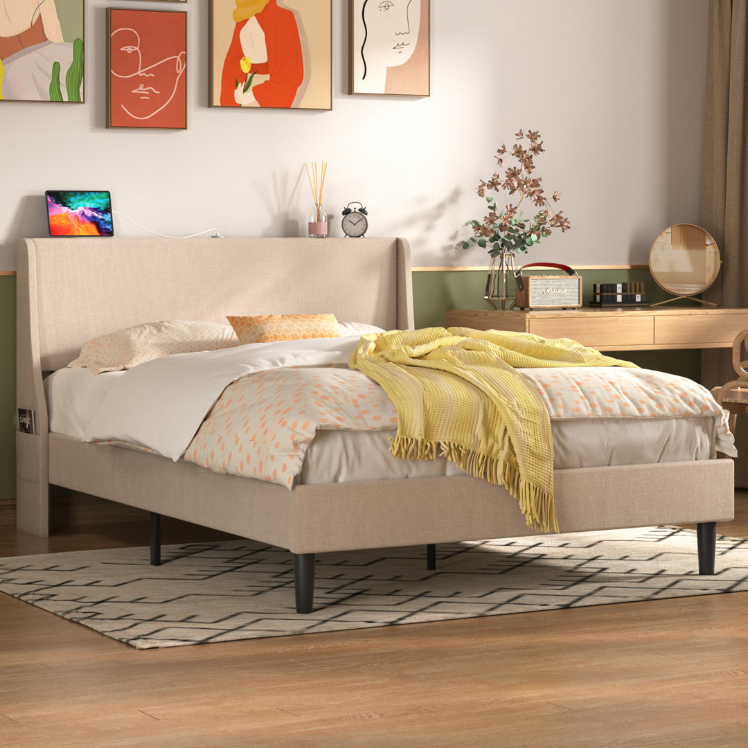 Kempst Upholstered Platform Bed with USB Ports Bed with Wingback Headboard No Box Spring Needed Trent Austin Design® 