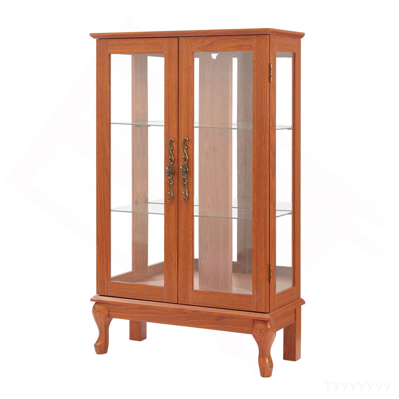 2 Doors Curio Cabinet With Tempered Glass Doors, Curio Cabinets With Mirrored Back Panel And Adjustable Shelves, Lighted Display Cabinet For Home, Office Light Bulb Included DARK OAK