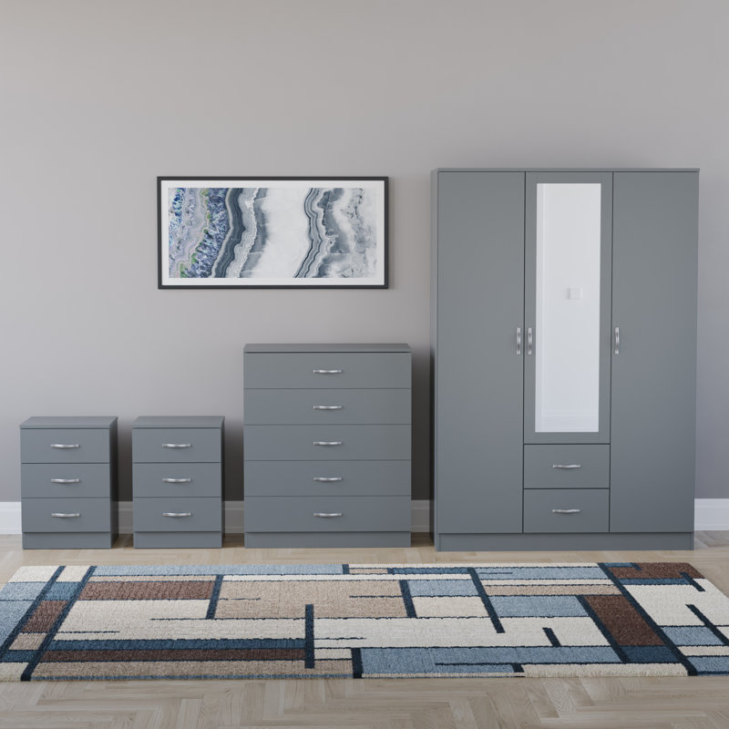 Tayce 4 Piece Bedroom Set (3 Drawer Bedside Chest X2, 5 Drawer Chest, 3 Door 2 Drawer Mirrored Wardrobe), Grey