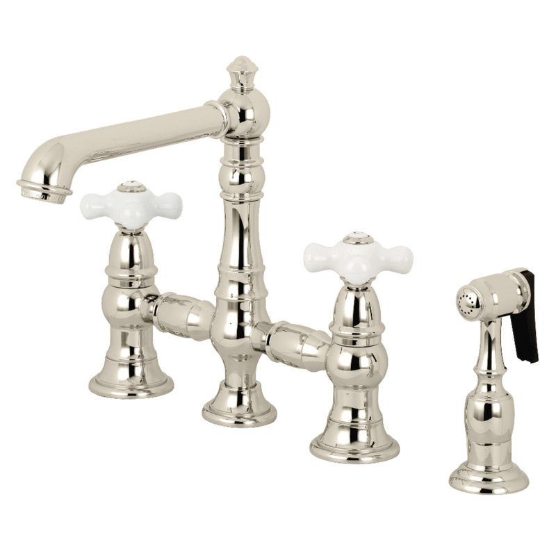 Kingston Brass English Country Two-Handle 4-Hole Deck Mount Bridge Kitchen Faucet with Brass Side Sprayer, Polished Nickel
