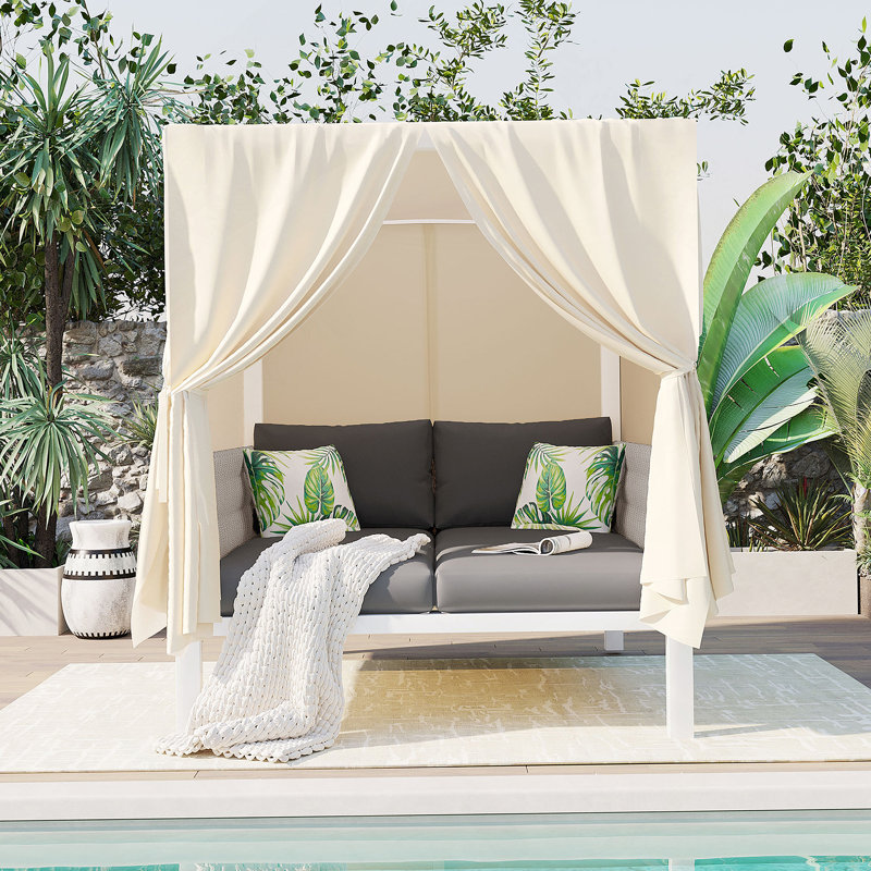 Lit de bronzage d'extérieur avec rideaux, grand confort, adapté à de multiples cas de figure, Gris