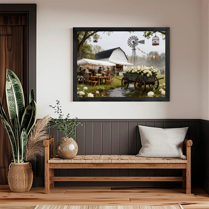 «Black Farmed Rustic Farm Market Windmill Art», charmante scène de campagne, reproduction d'art encadrée, H 25 po x l 37 po