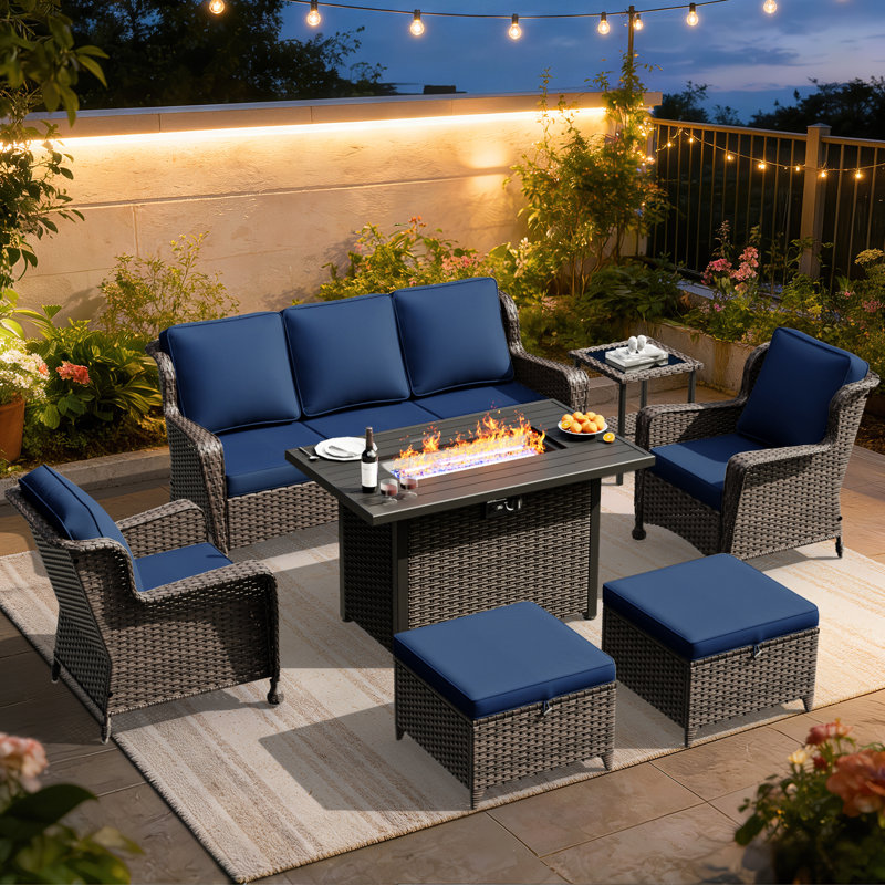 7-Person Outdoor Patio Conversation Rattan Seating Group With 2-In-1 Propane Fire Pit Table,2 Chairs，2 Ottoman and Blue Cushions