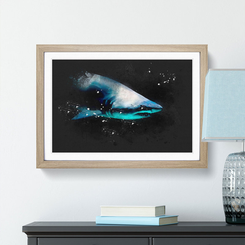 Shark In The Shadows - Picture Frame Graphic Art, Oak Framed, 24cm H x 33cm W x 2cm D