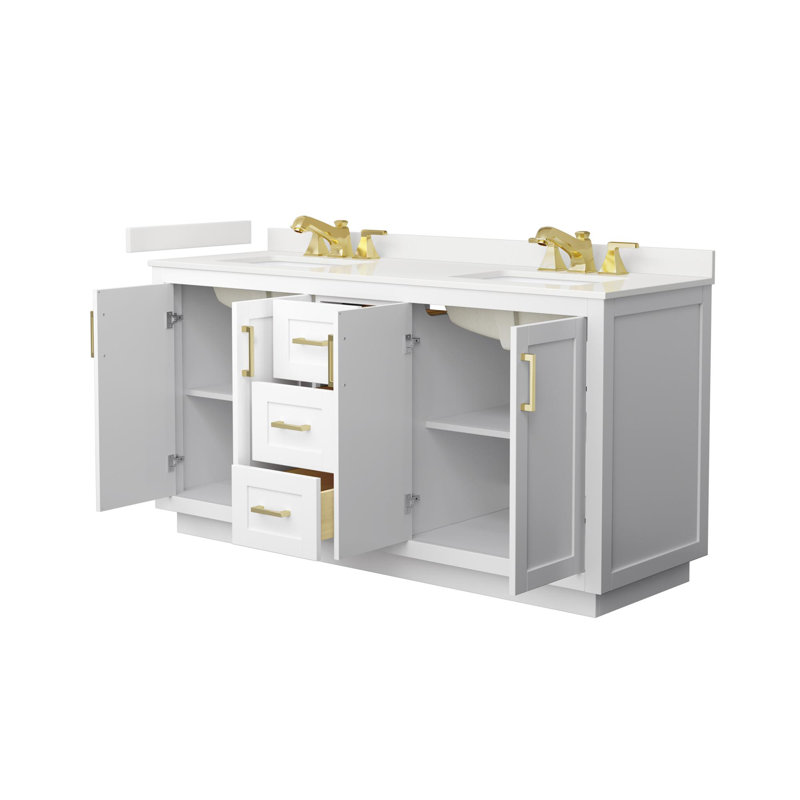 Miranda 66" Freestanding Double Bathroom Vanity with Quartz Top, White Quartz, White, Brushed Gold