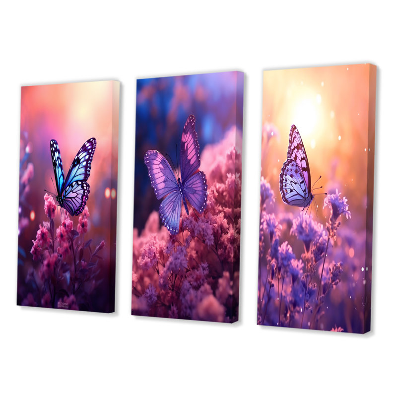 Pink Butterfly Wonderful Sunset III - Animals Butterfly Art Set Of 3 Pieces, Toile tendue, H 28 po x l 36 po