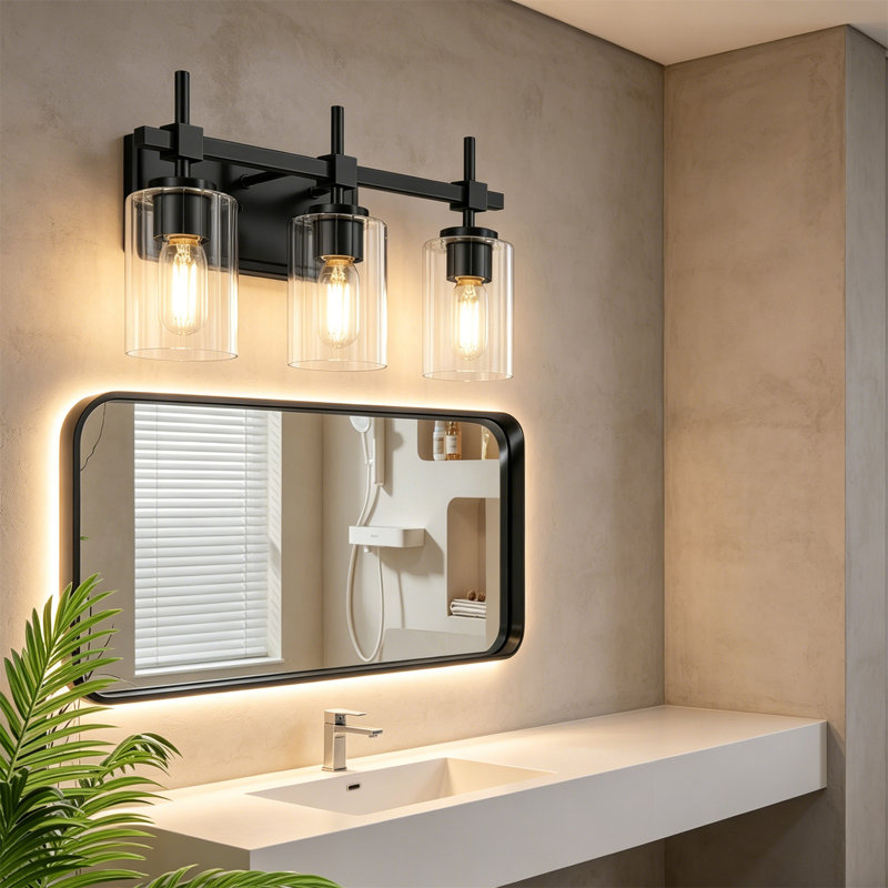 3-Lights Bathroom Vanity Lights with Clear Textured Glass Shades, Matte Black