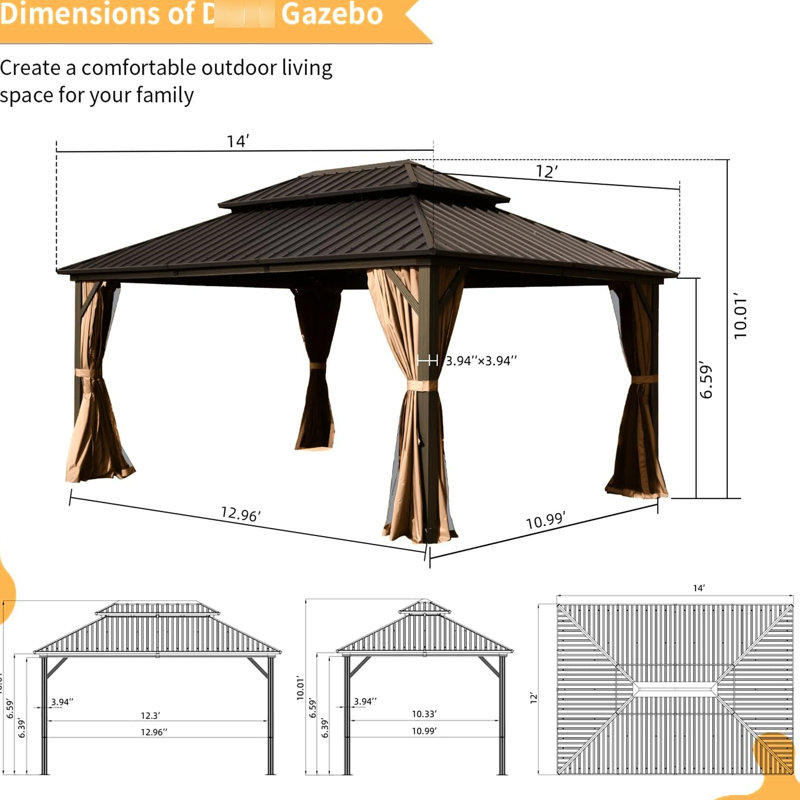 Pavillon de jardin 12 pi x 14 pi avec rideaux d'intimité, aluminium, toit en acier galvanisé, filet, pour espaces extérieurs intimes, conception de ventilation brune, utilisation confortable,
