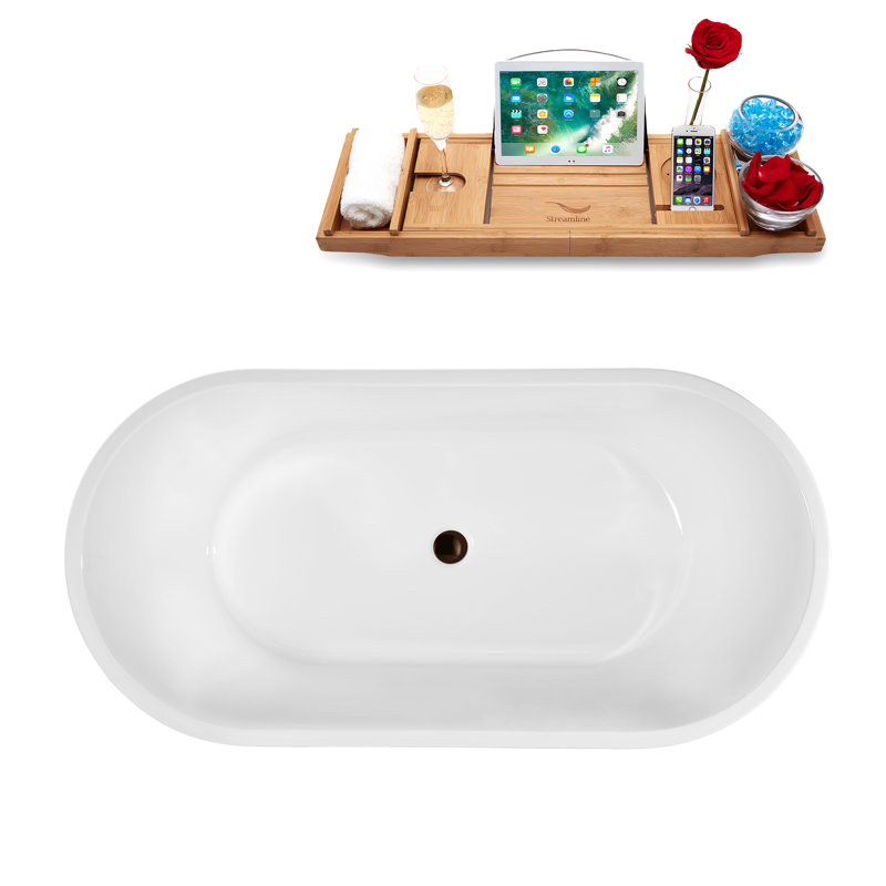 55" Streamline Soaking Glossy White Freestanding Tub and Tray With Internal Drain, Matte Oil Rubbed Bronze