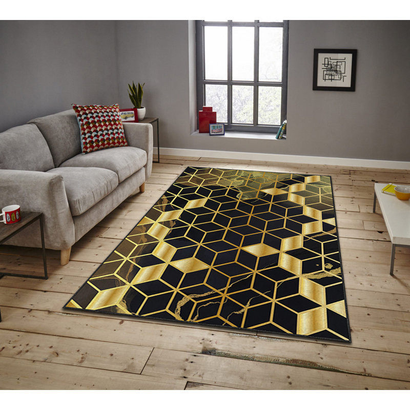 Tapis géométrique rectangulaire tissé à la machine en polyester noir / or Macia, Rectangle 5 pi 3 po x 7 pi 7 po