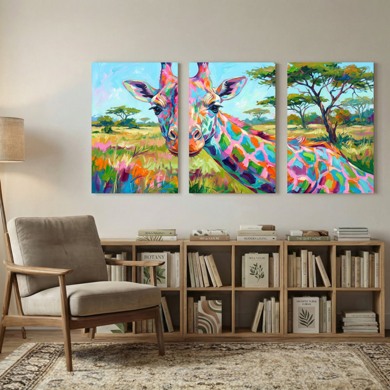 Animaux, girafe colorée, ensemble de 3 reproductions d'art sur toile, H 18 po x l 36 po